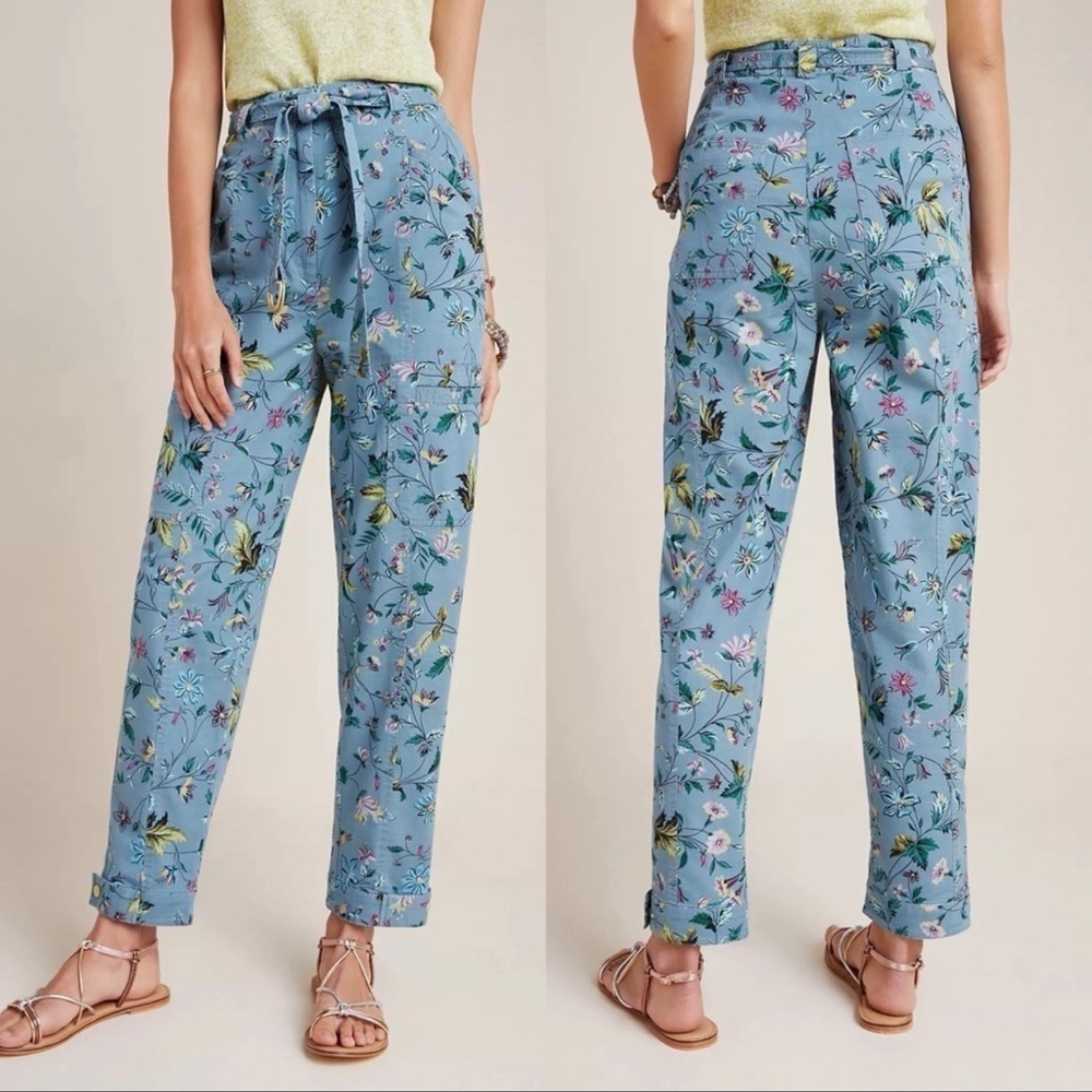 Anthropologie Victoria Floral Cargo Pants Size 8 High Waisted Belted Relaxed Fit - Picture 11 of 16